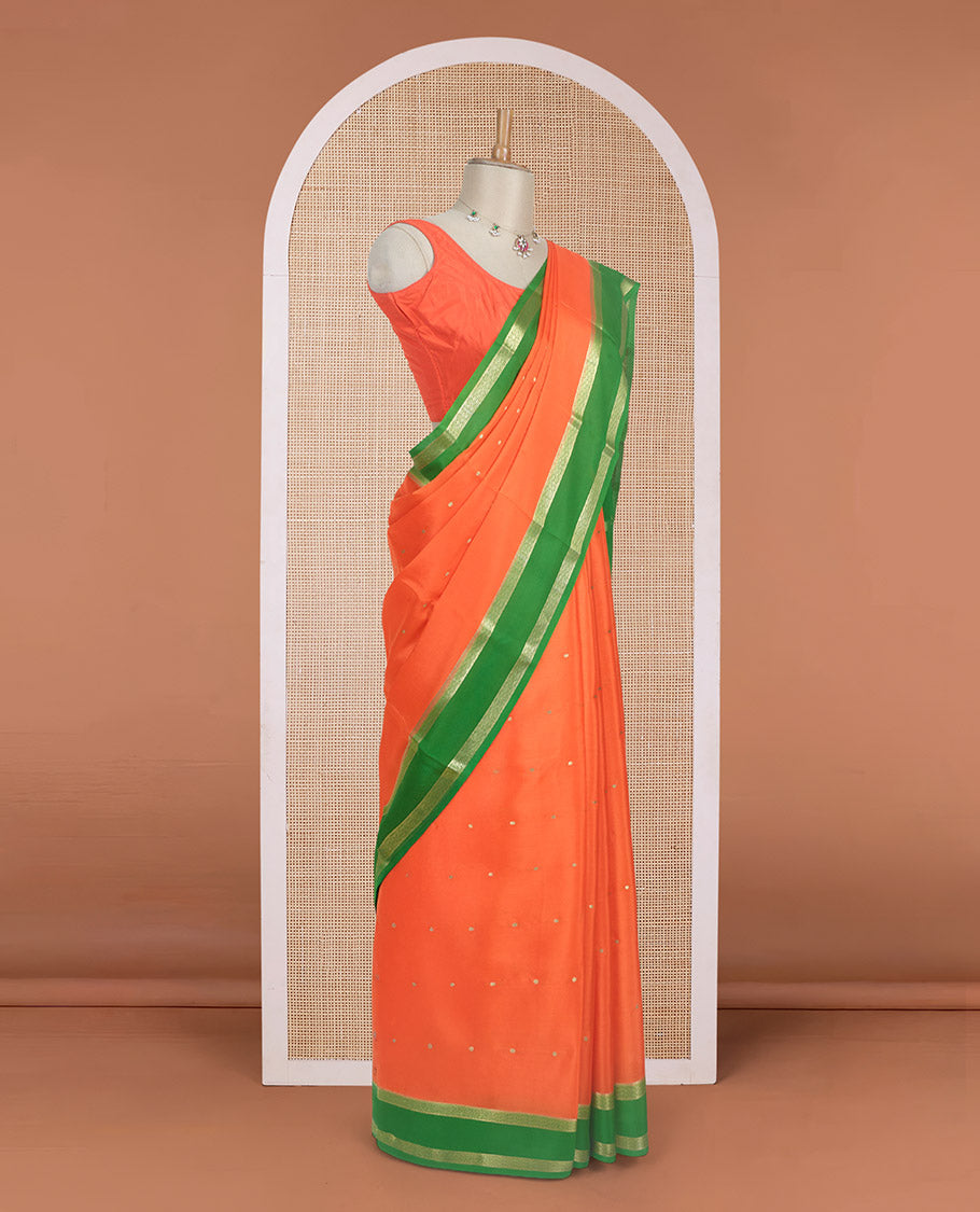 Fanta orange zari buttas woven mysore silk saree, contrast rettai pettu traditional zari border, and zari seer striped pallu
