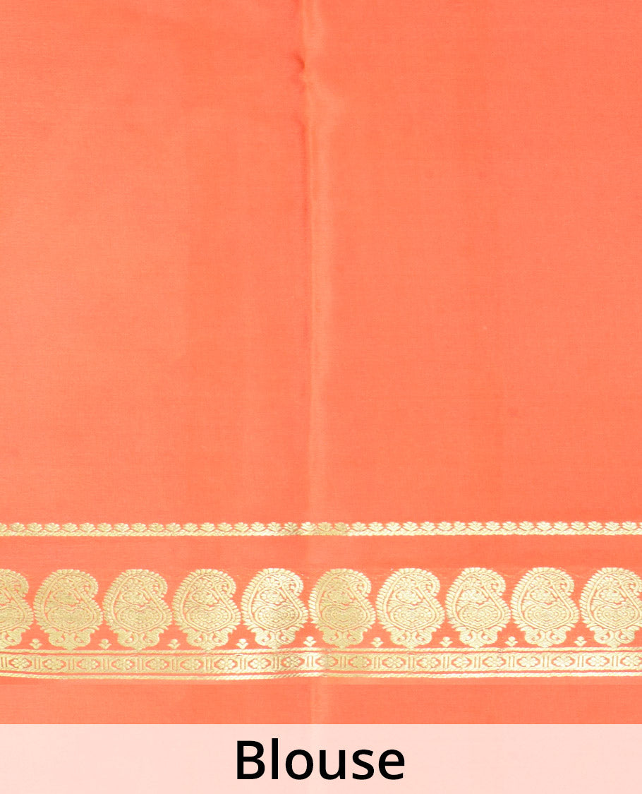 Blue plain design mysore silk saree, contrast paisley design zari border, and zari seer striped pallu