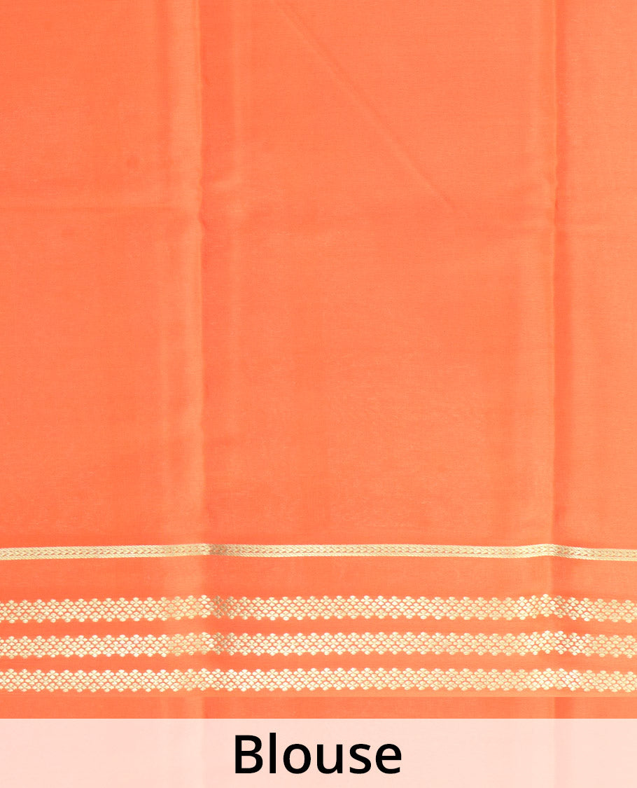 White plain design Mysore silk saree with contrast rettai pettu borders of zari designs, and zari striped pallu