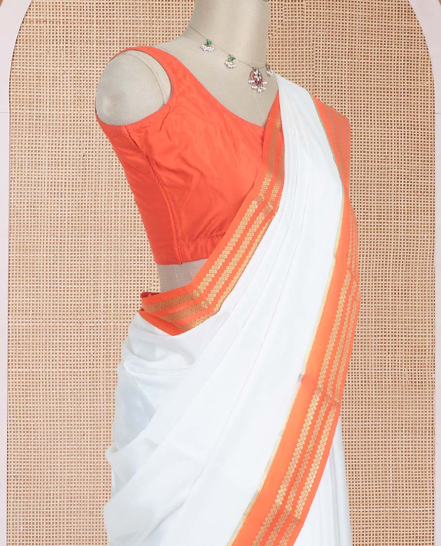White plain design Mysore silk saree with contrast rettai pettu borders of zari designs, and zari striped pallu