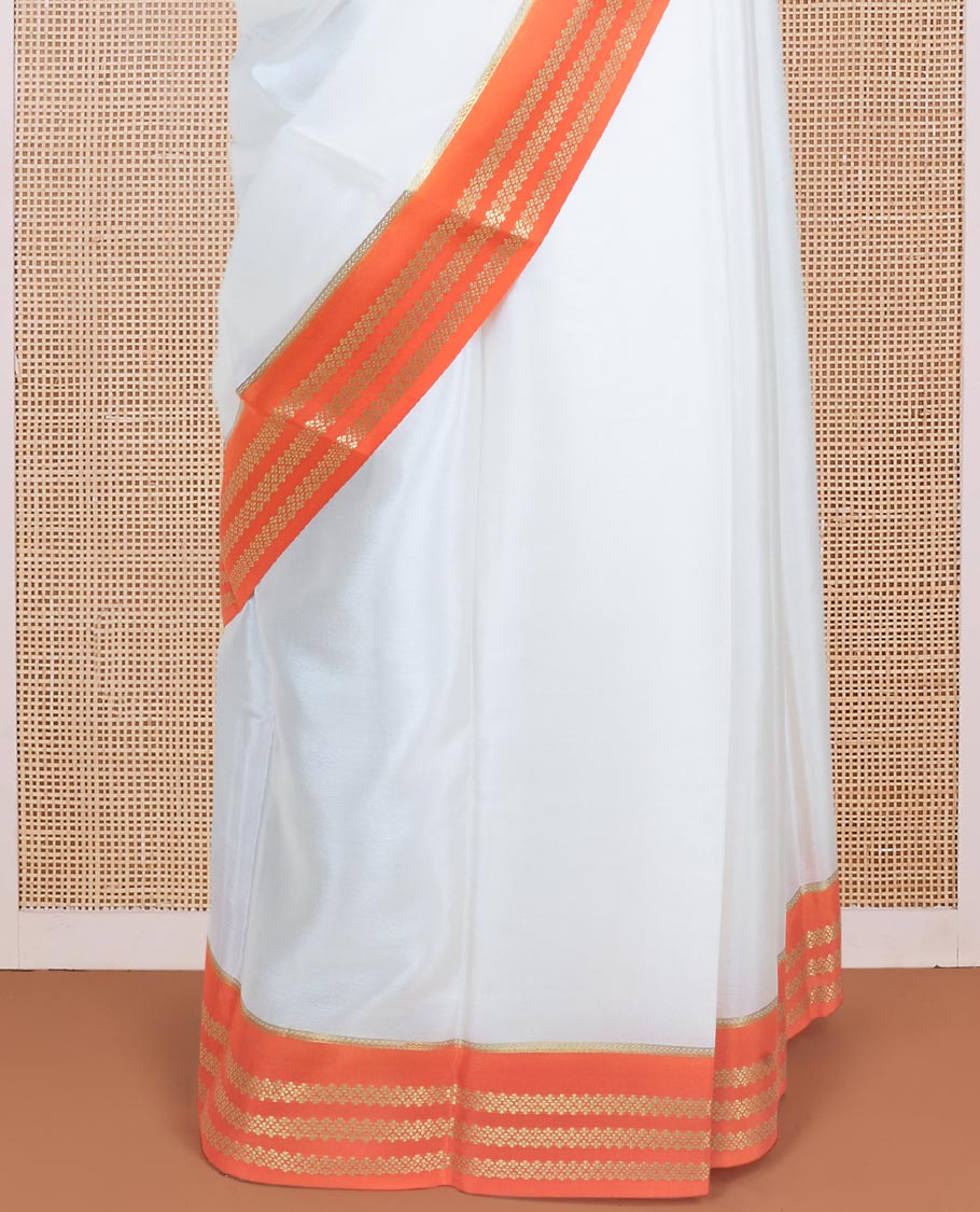 White plain design Mysore silk saree with contrast rettai pettu borders of zari designs, and zari striped pallu
