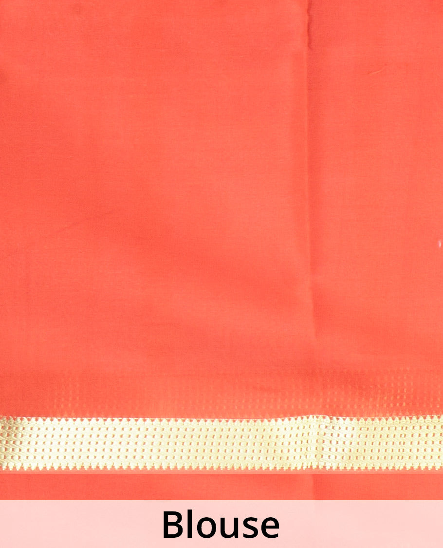 Orange plain design Mysore silk saree with traditional zari piping border, and zari striped pallu