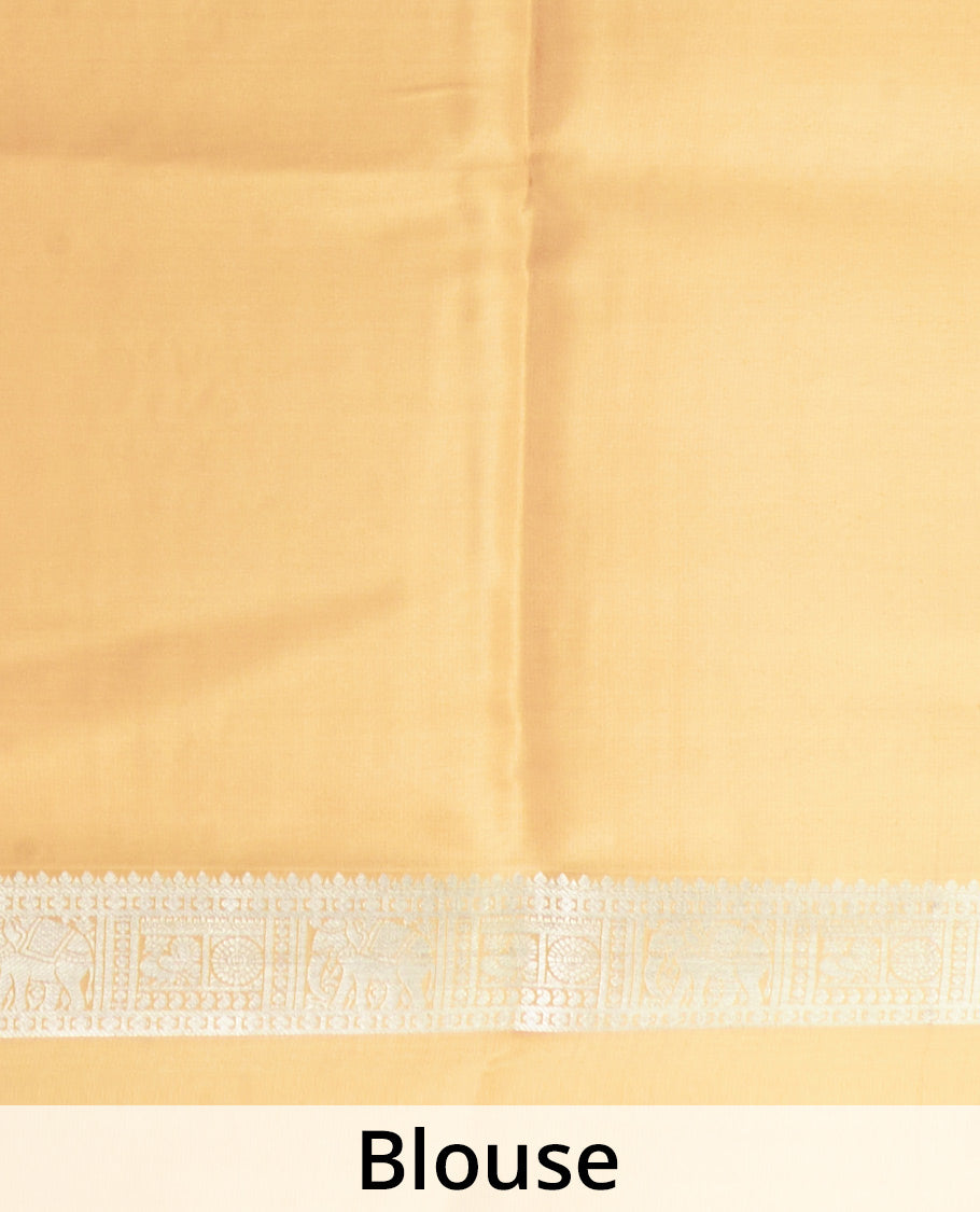 Sandal zari elephant motifs Mysore silk saree, traditional zari design border, and thick zari striped pallu