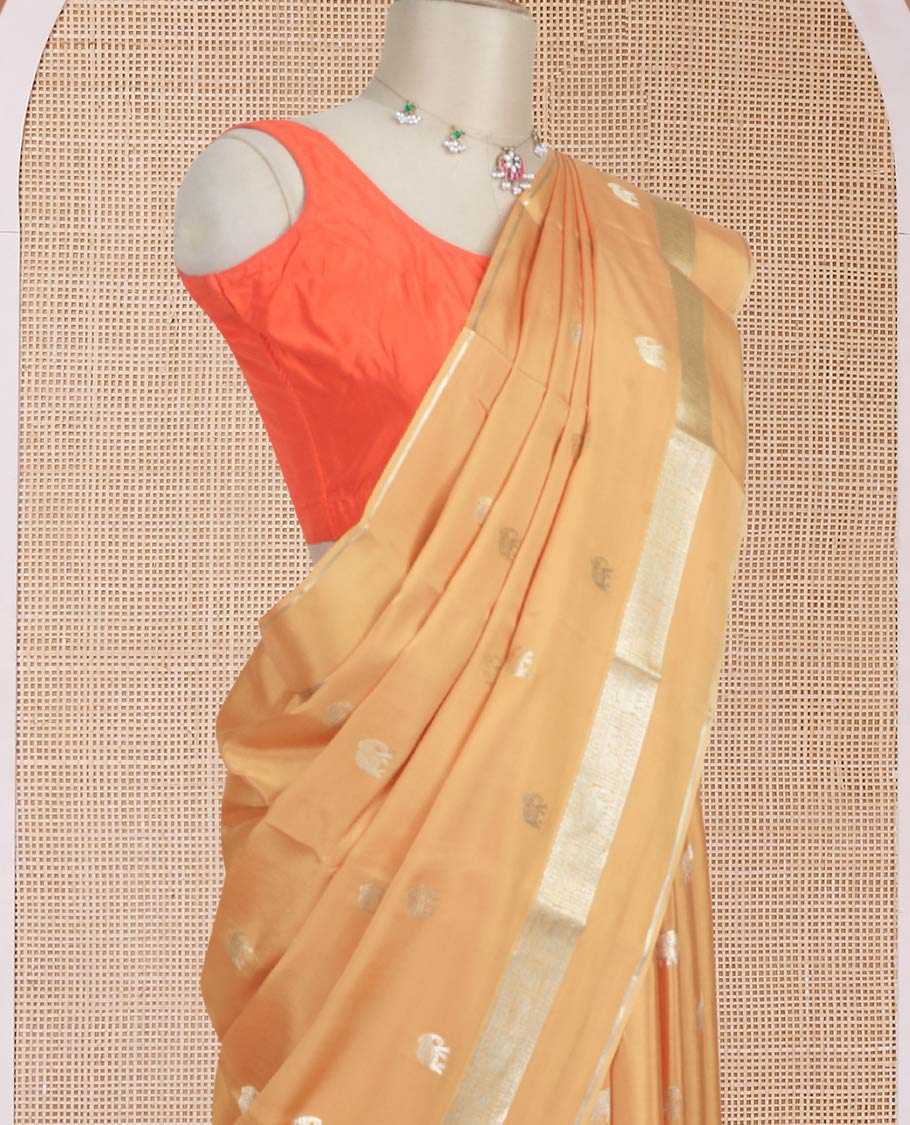 Sandal zari elephant motifs Mysore silk saree, traditional zari design border, and thick zari striped pallu