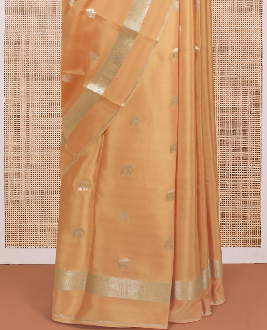 Sandal zari elephant motifs Mysore silk saree, traditional zari design border, and thick zari striped pallu
