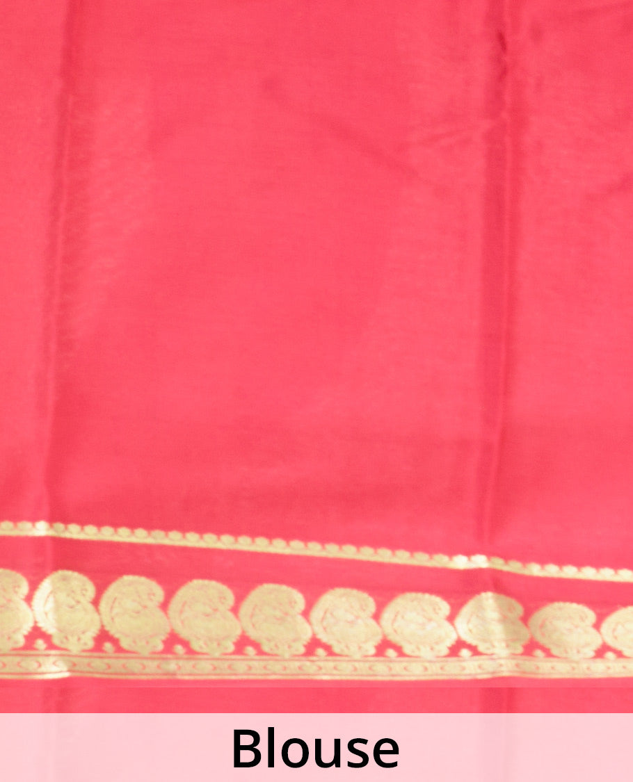 Cream plain design mysore silk saree, contrast paisley design zari border, and zari seer striped pallu