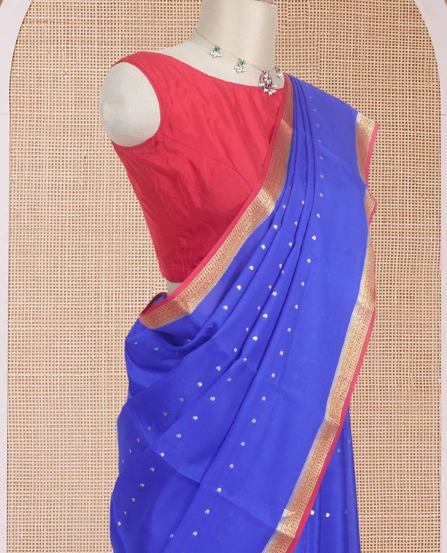 Royal blue zari buttas Mysore silk saree, contrast traditional design zari border, and zari striped pallu