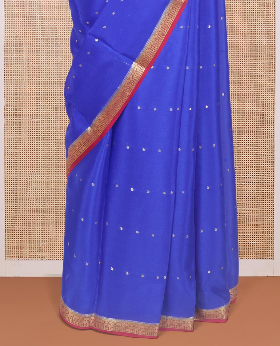 Royal blue zari buttas Mysore silk saree, contrast traditional design zari border, and zari striped pallu