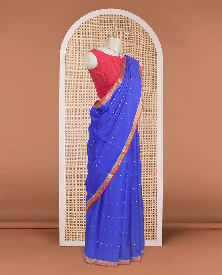 Royal blue zari buttas Mysore silk saree, contrast traditional design zari border, and zari striped pallu