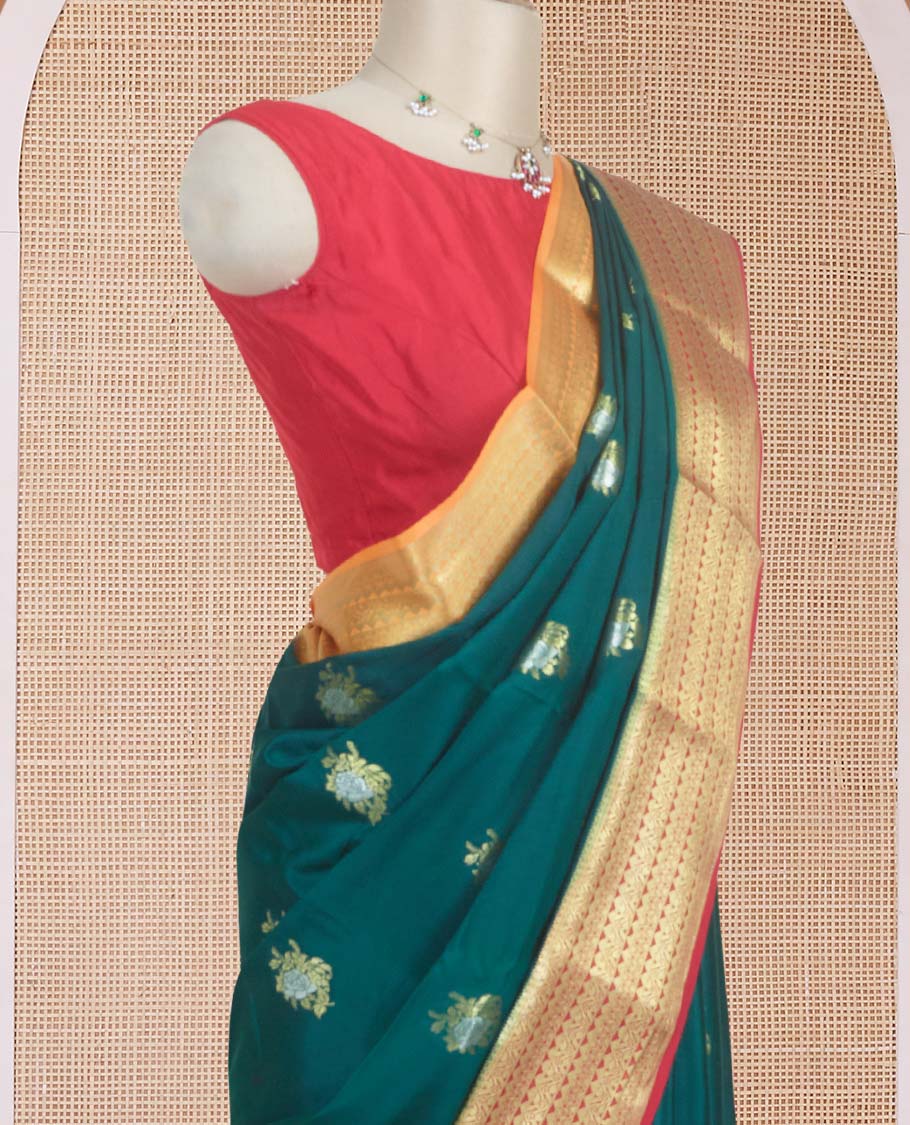 Green floral zari buttas Mysore silk saree, contrast traditional design zari border, and diagonal striped pallu