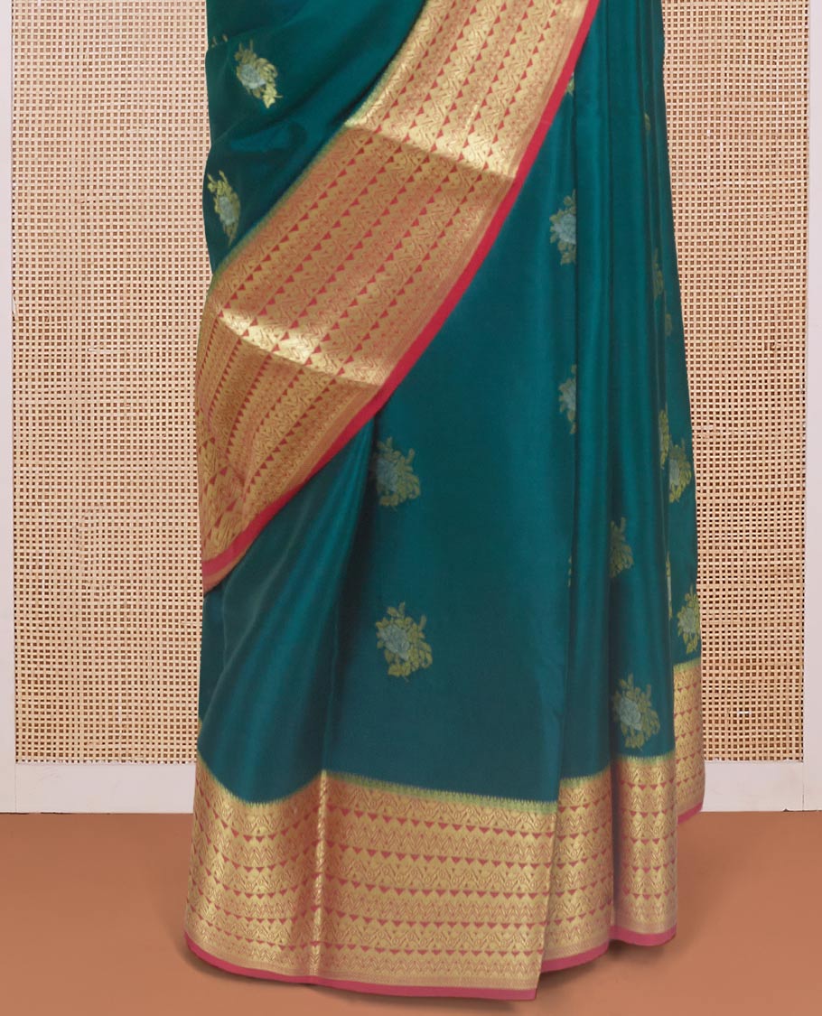 Green floral zari buttas Mysore silk saree, contrast traditional design zari border, and diagonal striped pallu