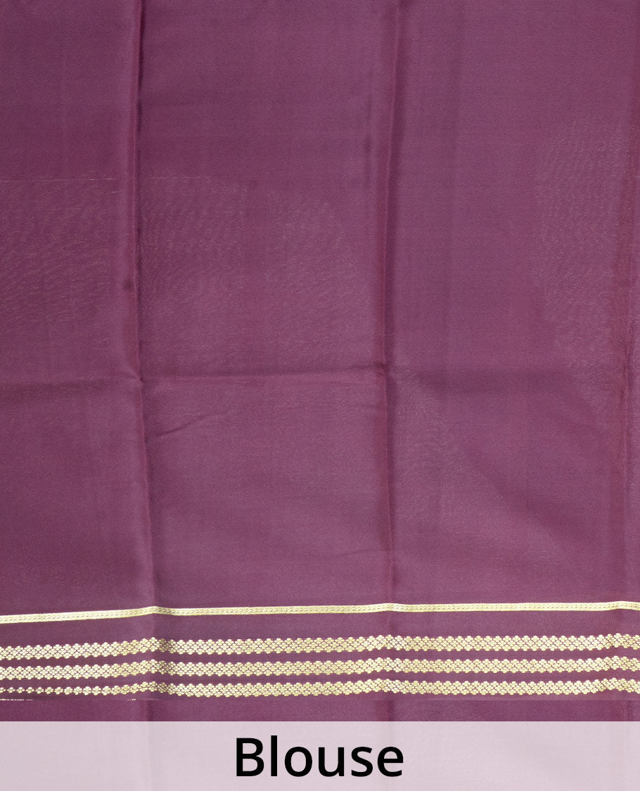 Peach plain design Mysore silk saree with contrast rettai pettu borders of zari designs, and zari striped pallu
