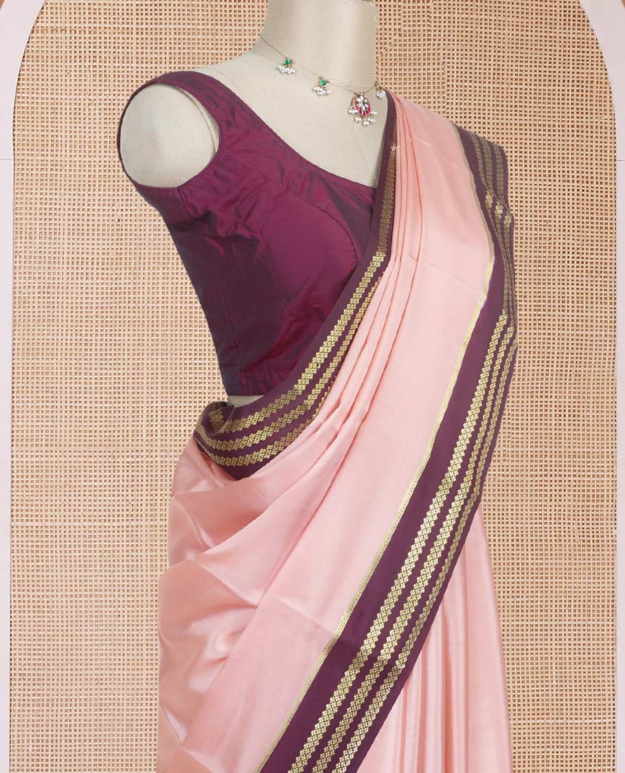 Peach plain design Mysore silk saree with contrast rettai pettu borders of zari designs, and zari striped pallu