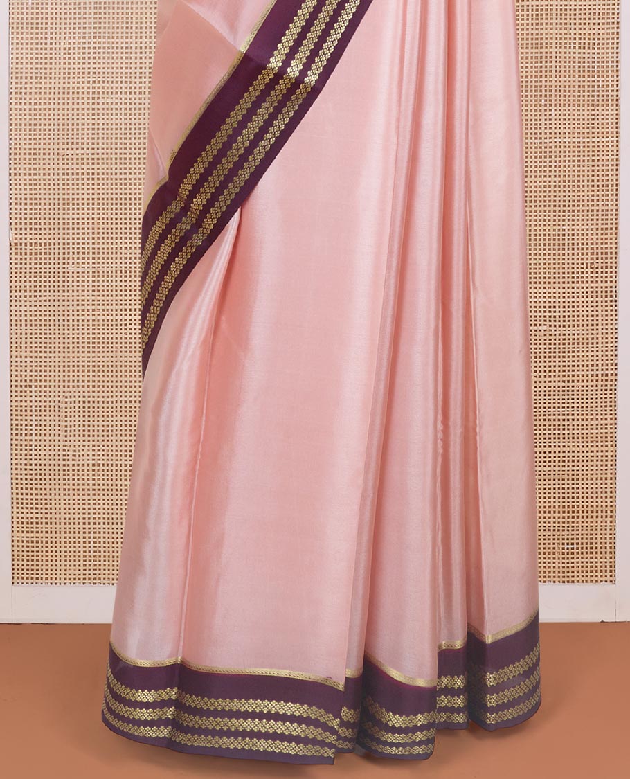 Peach plain design Mysore silk saree with contrast rettai pettu borders of zari designs, and zari striped pallu