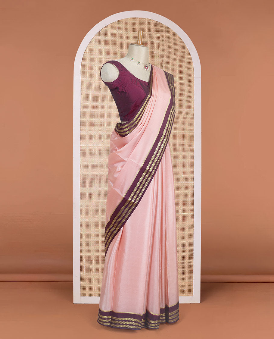 Peach plain design Mysore silk saree with contrast rettai pettu borders of zari designs, and zari striped pallu