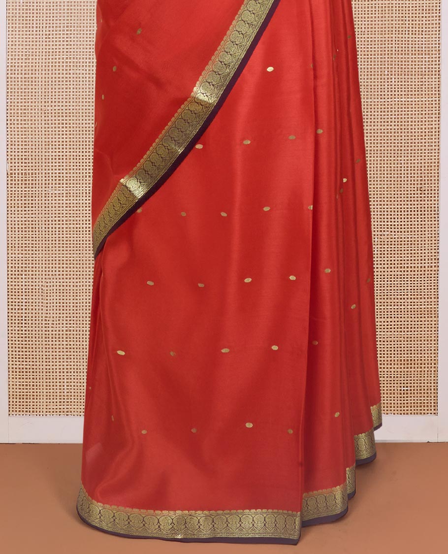 Orange zari buttas Mysore silk saree, contrast traditional design zari border, and zari striped pallu