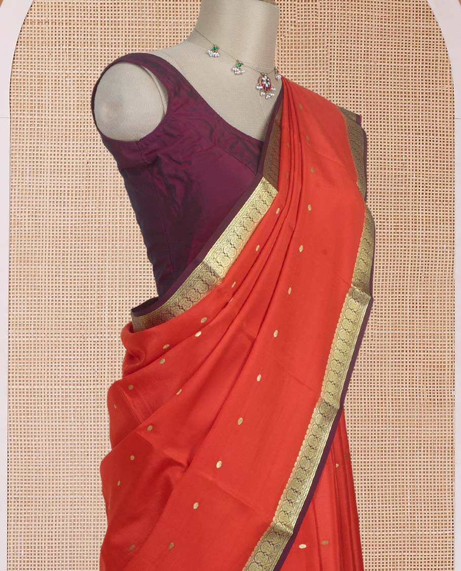 Orange zari buttas Mysore silk saree, contrast traditional design zari border, and zari striped pallu
