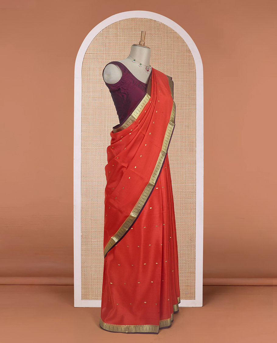 Orange zari buttas Mysore silk saree, contrast traditional design zari border, and zari striped pallu