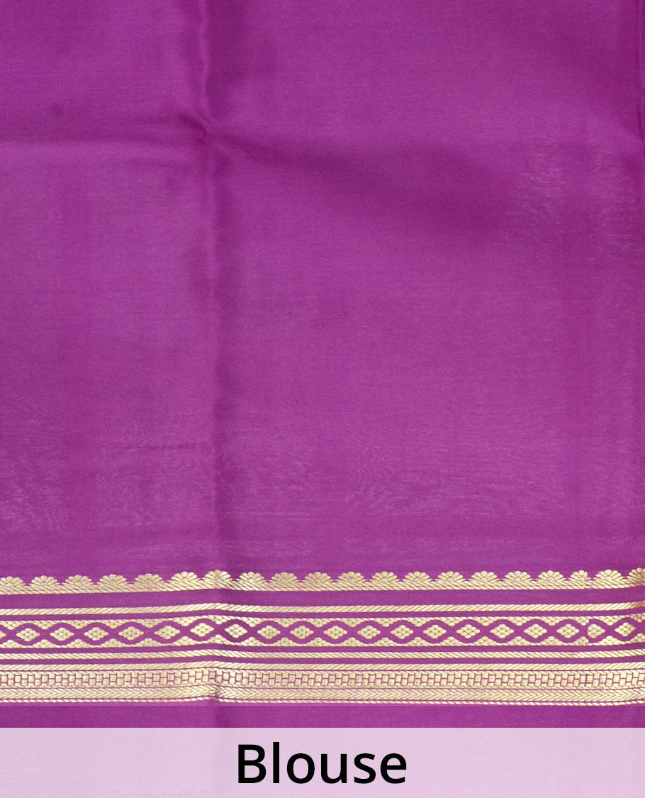 Rasamalai yellow plain Mysore silk saree with contrast geometric zari design borders and pallu of zari seer lines