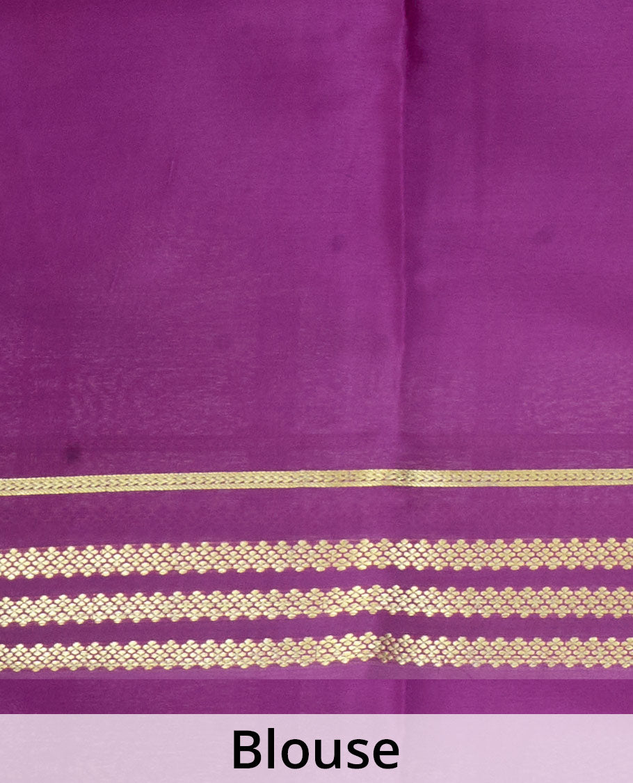 Kesari orange plain design Mysore silk saree with contrast rettai pettu borders of zari designs, and zari striped pallu