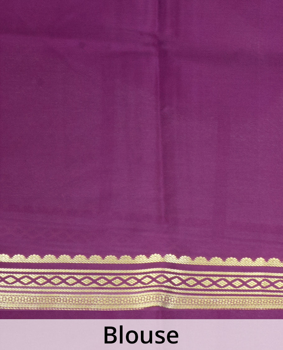 Peach plain Mysore silk saree with contrast geometric zari design borders and pallu of zari seer lines