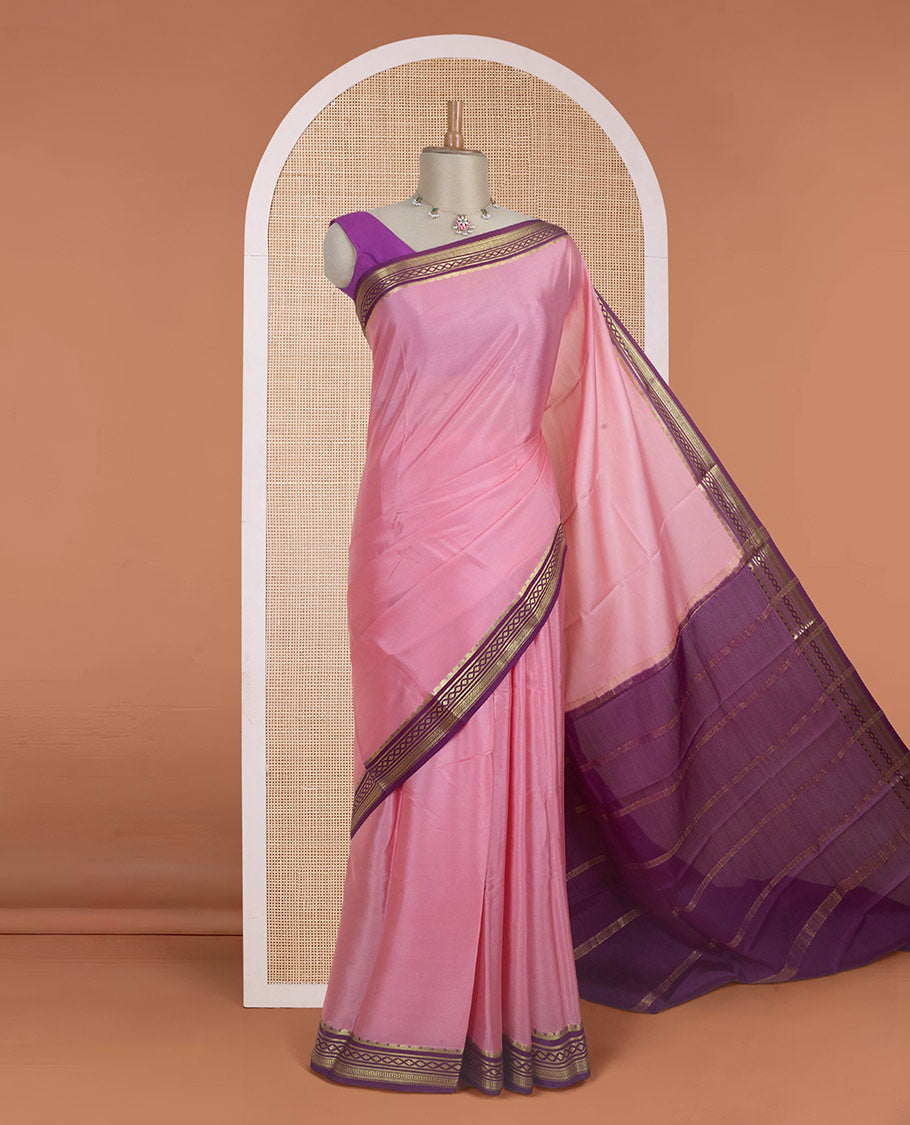 Peach plain Mysore silk saree with contrast geometric zari design borders and pallu of zari seer lines
