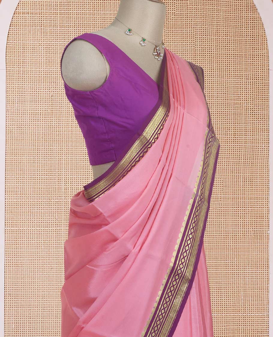 Peach plain Mysore silk saree with contrast geometric zari design borders and pallu of zari seer lines