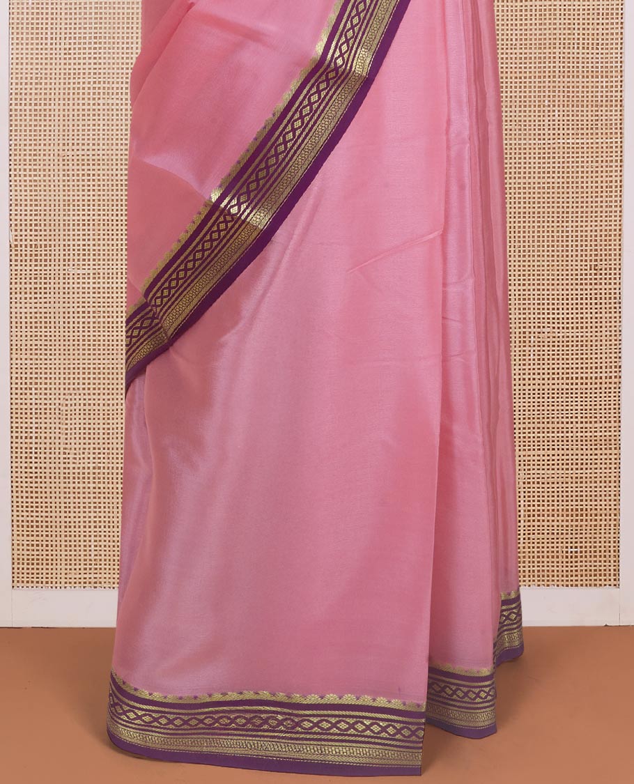 Peach plain Mysore silk saree with contrast geometric zari design borders and pallu of zari seer lines