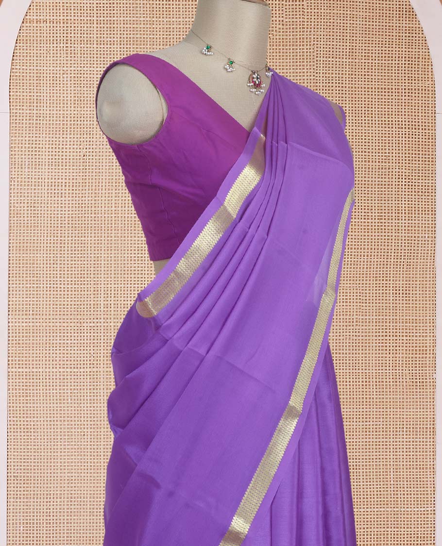 Purple plain Mysore silk saree with traditional zari design borders and pallu of zari seer lines