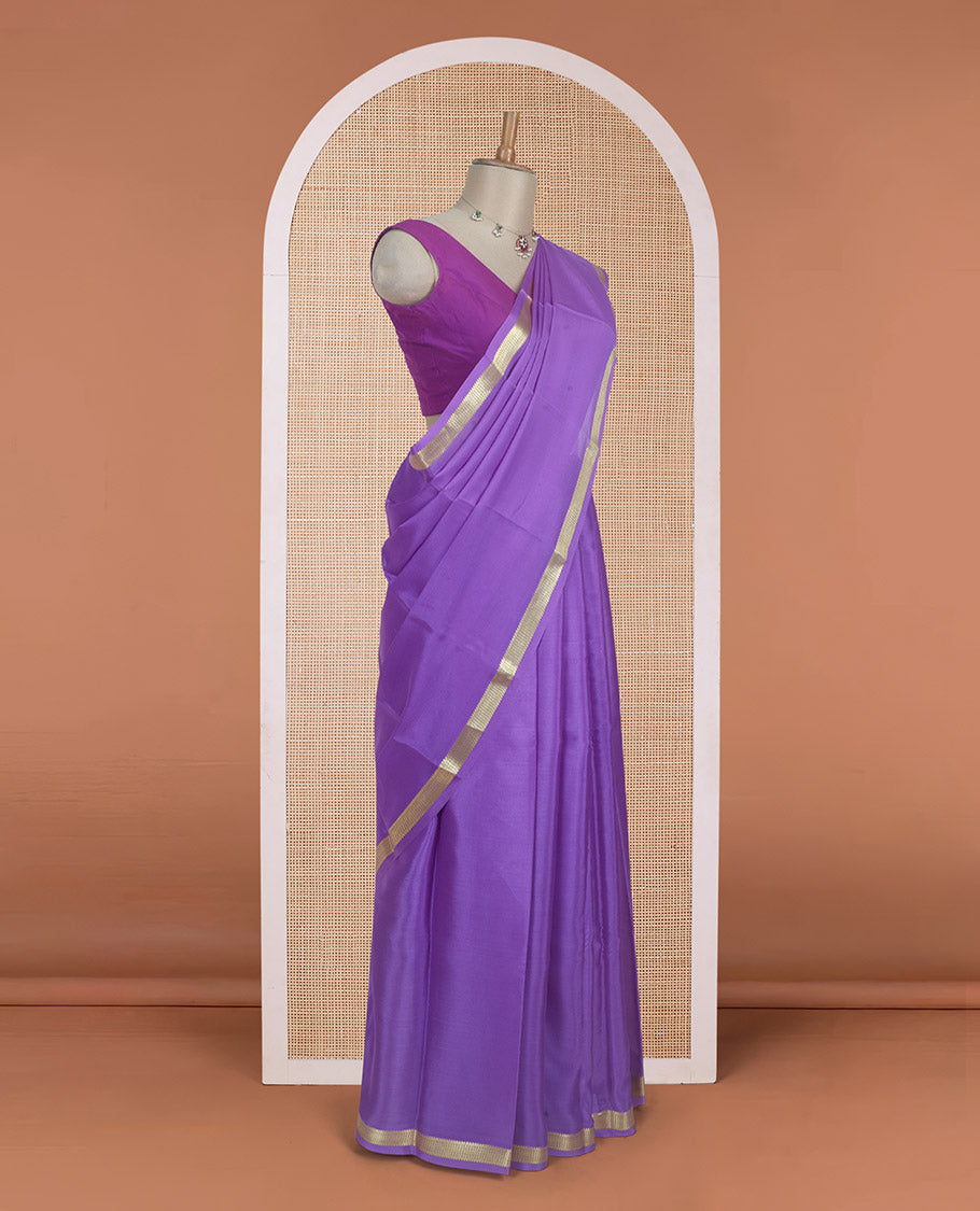 Purple plain Mysore silk saree with traditional zari design borders and pallu of zari seer lines
