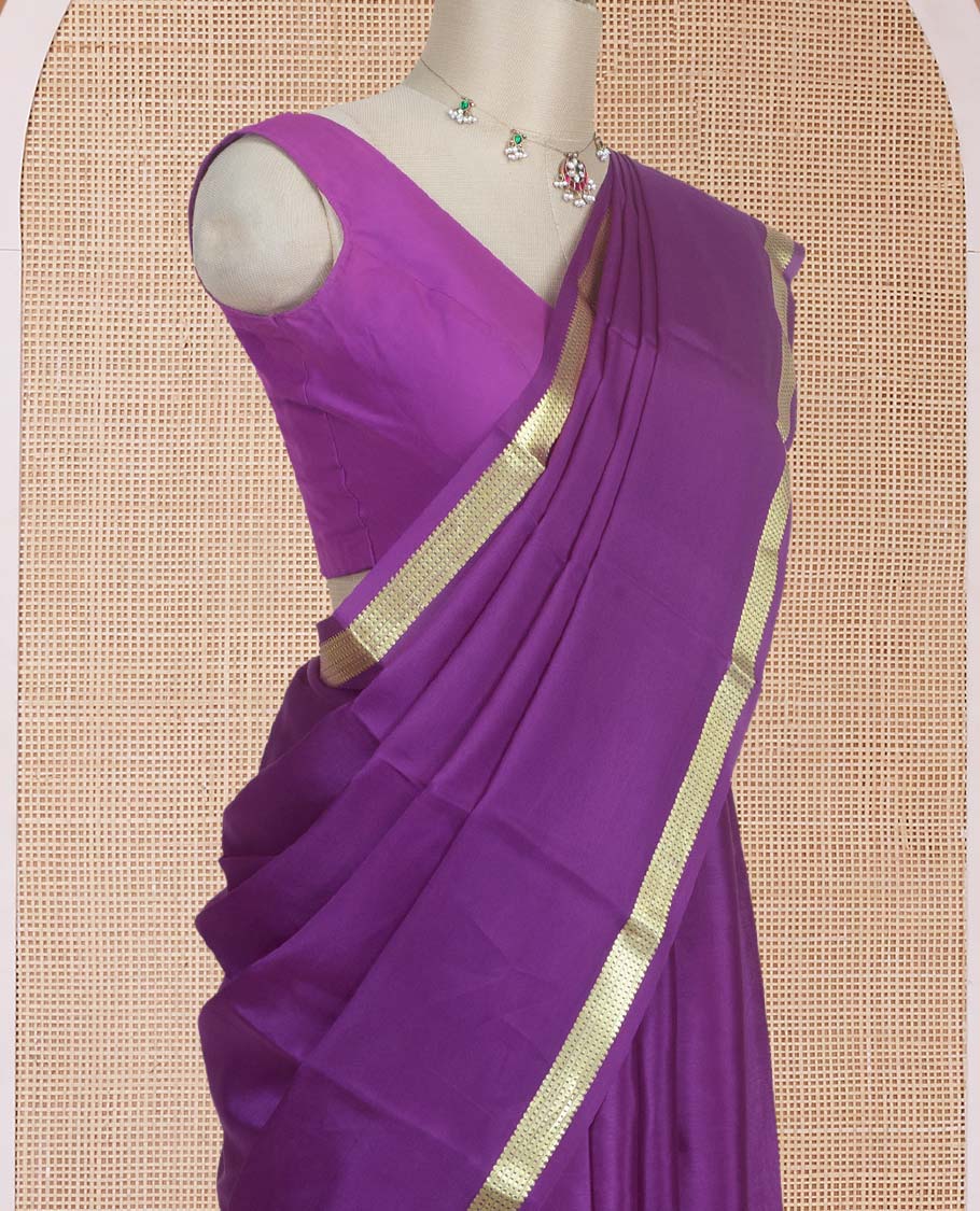 Eggplant purple plain Mysore silk saree, traditional zari design border & zari striped pallu