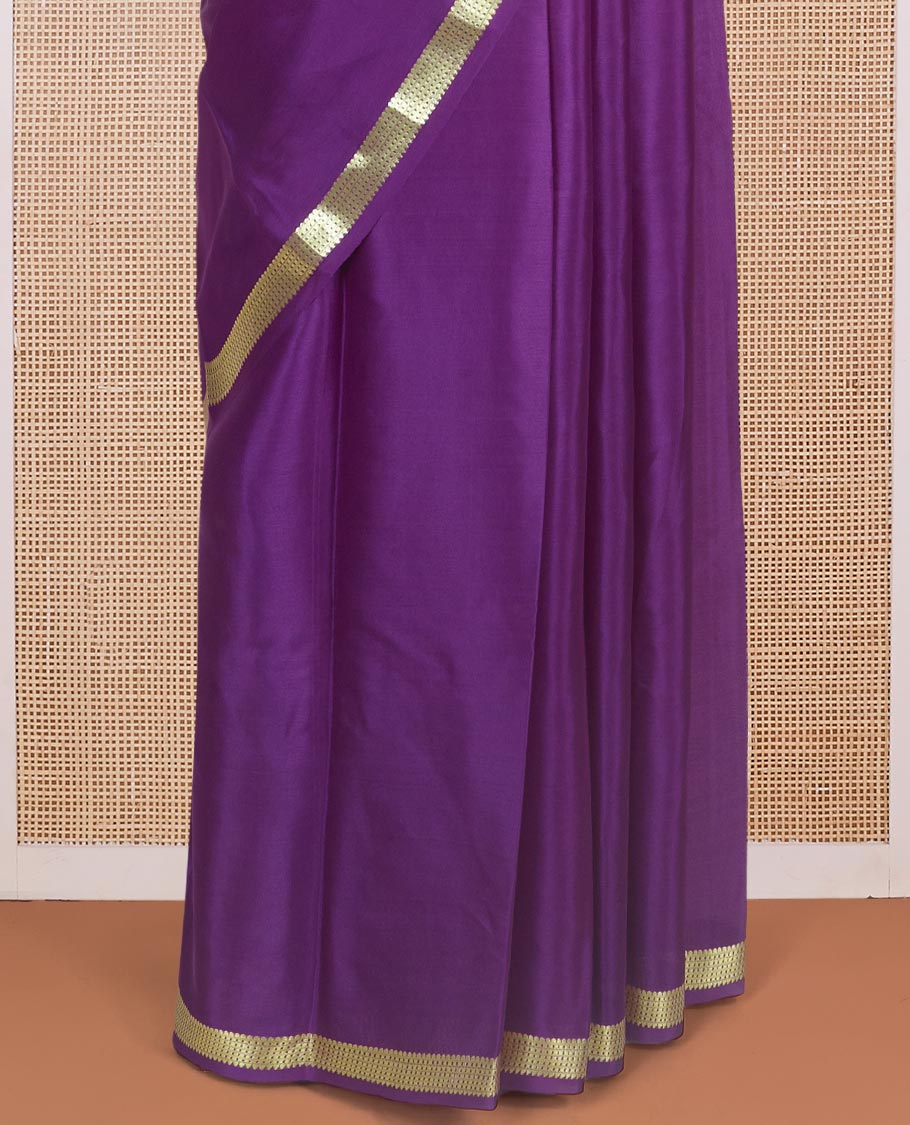 Eggplant purple plain Mysore silk saree, traditional zari design border & zari striped pallu