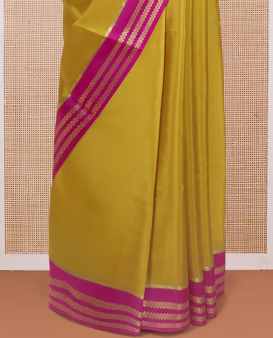 Mustard plain design Mysore silk saree with contrast rettai pettu borders of zari designs, and zari striped pallu