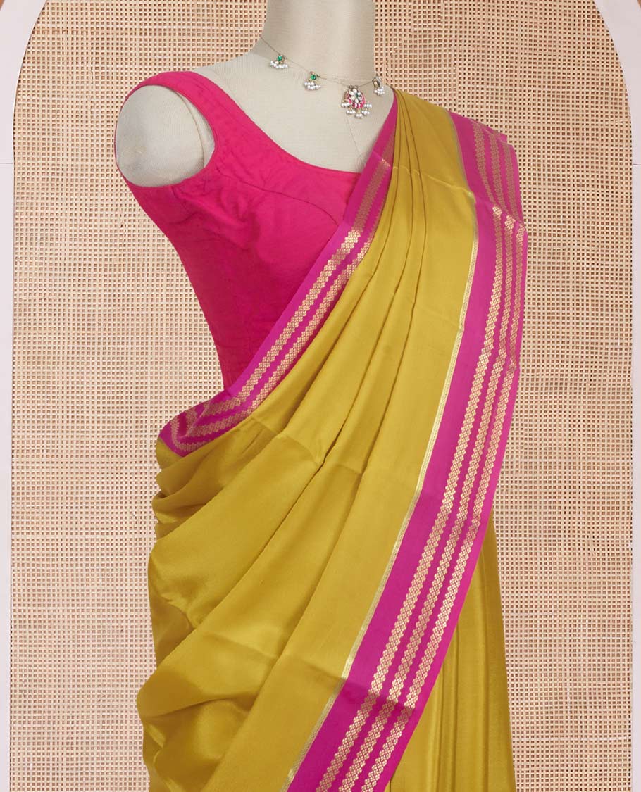 Mustard plain design Mysore silk saree with contrast rettai pettu borders of zari designs, and zari striped pallu