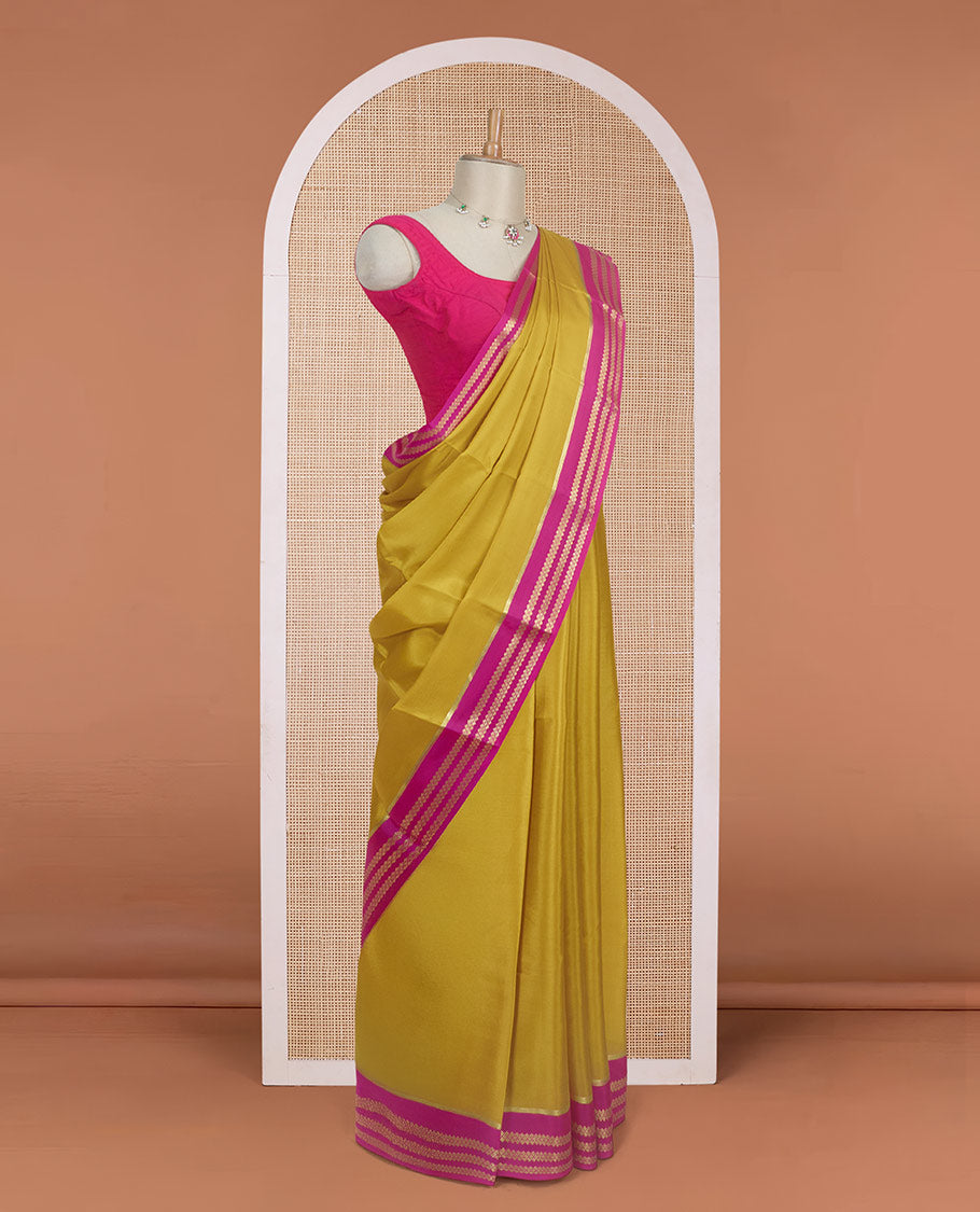 Mustard plain design Mysore silk saree with contrast rettai pettu borders of zari designs, and zari striped pallu