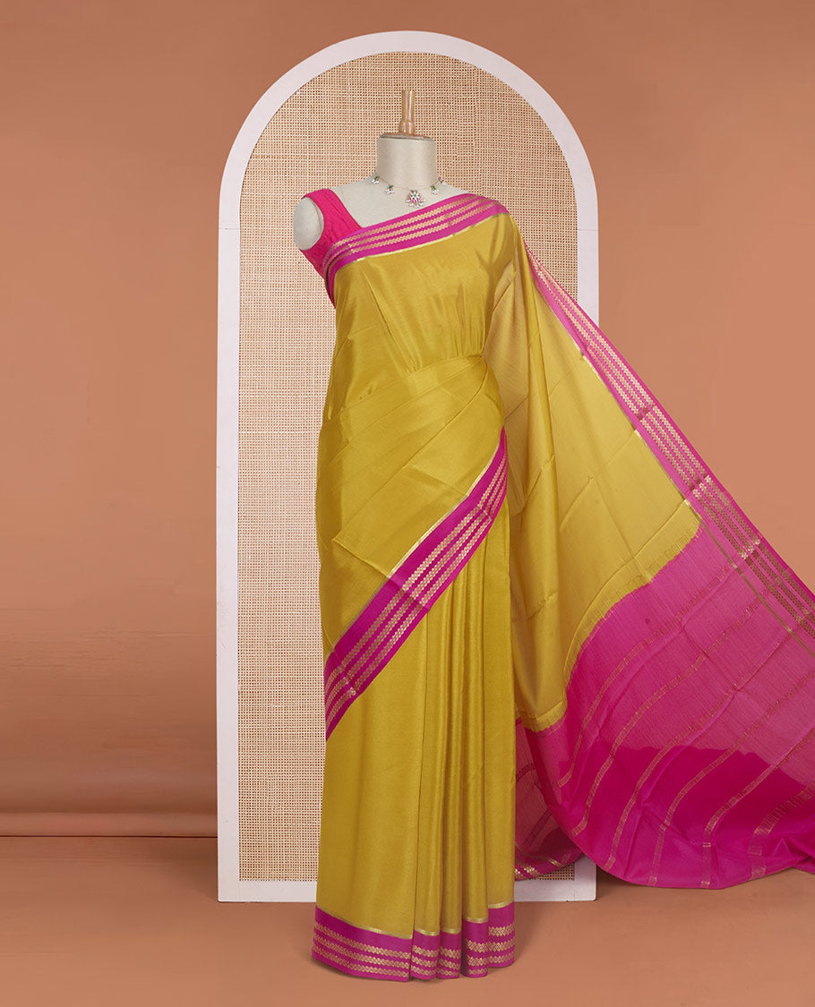 Mustard plain design Mysore silk saree with contrast rettai pettu borders of zari designs, and zari striped pallu