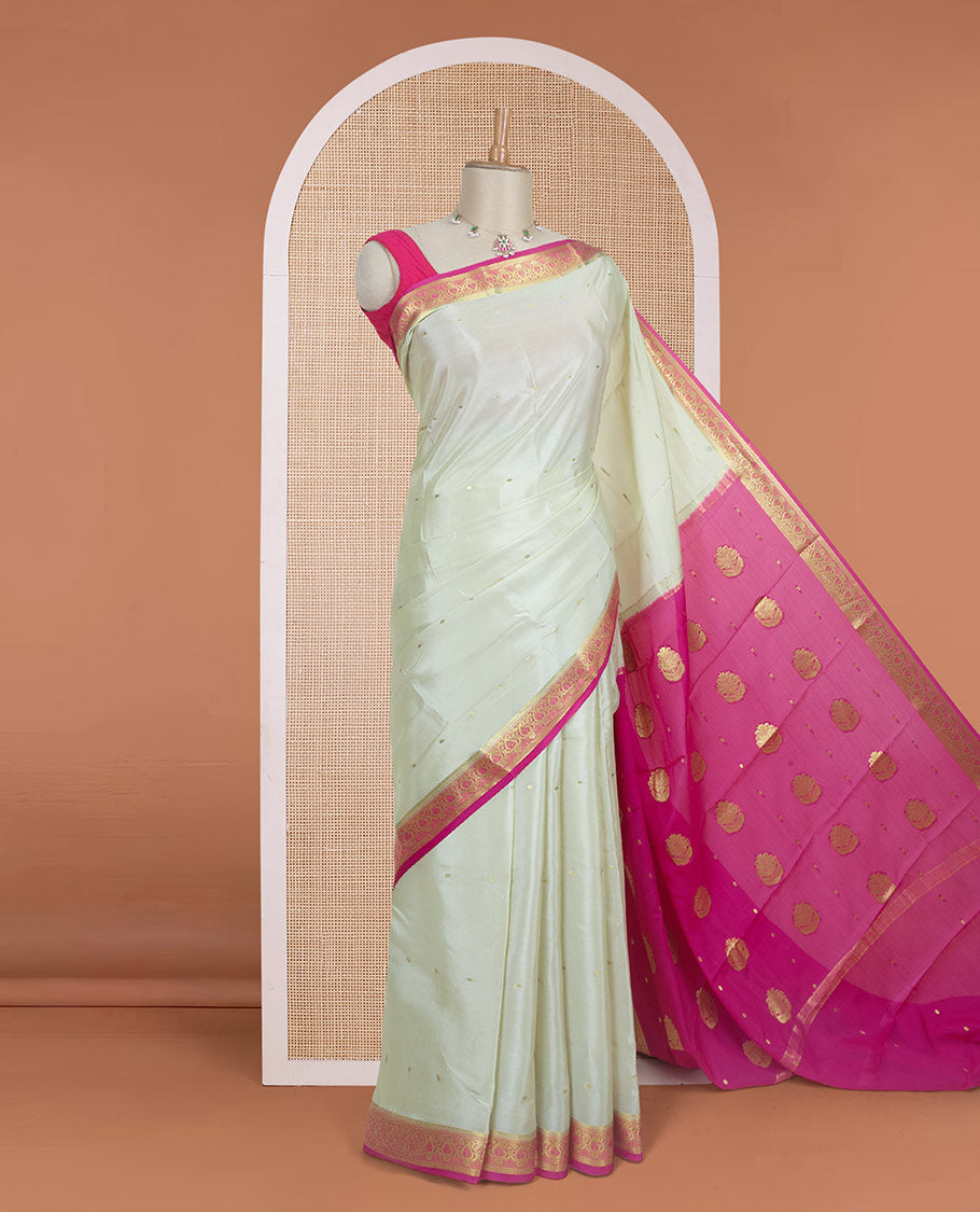 Sandal tiny zari buttas Mysore silk saree, contrast paisley design zari border, and pallu of zari designs