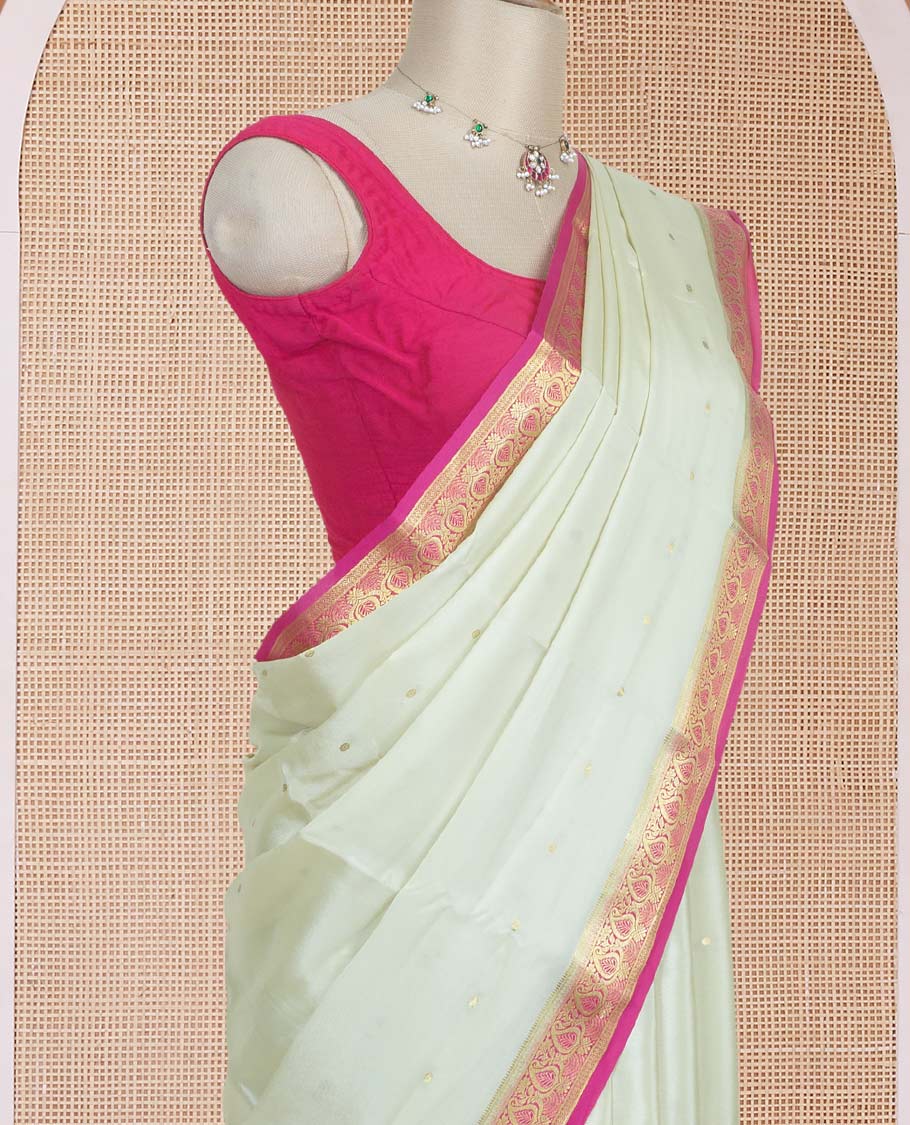 Sandal tiny zari buttas Mysore silk saree, contrast paisley design zari border, and pallu of zari designs