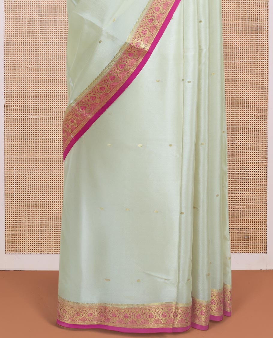 Sandal tiny zari buttas Mysore silk saree, contrast paisley design zari border, and pallu of zari designs