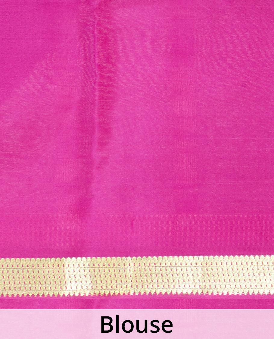 Dark rani pink plain design Mysore silk saree with traditional zari design borders, and zari striped pallu