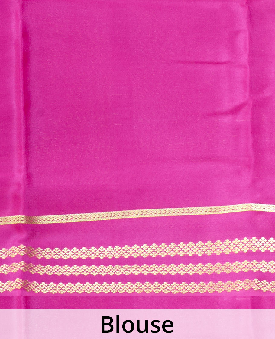 Parrot green plain design Mysore silk saree with contrast rettai pettu borders of zari designs, and zari striped pallu