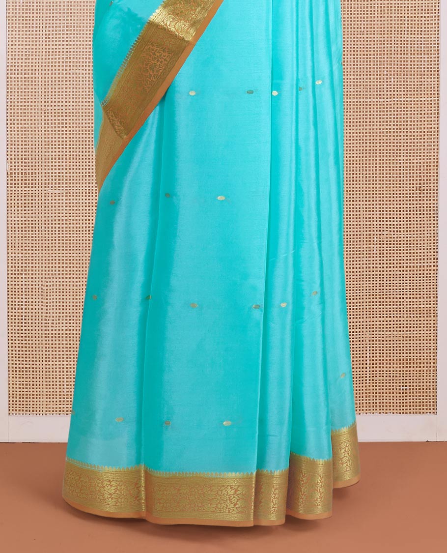 Powder blue zari buttas Mysore silk saree, contrast floral zari border, and zari design palllu