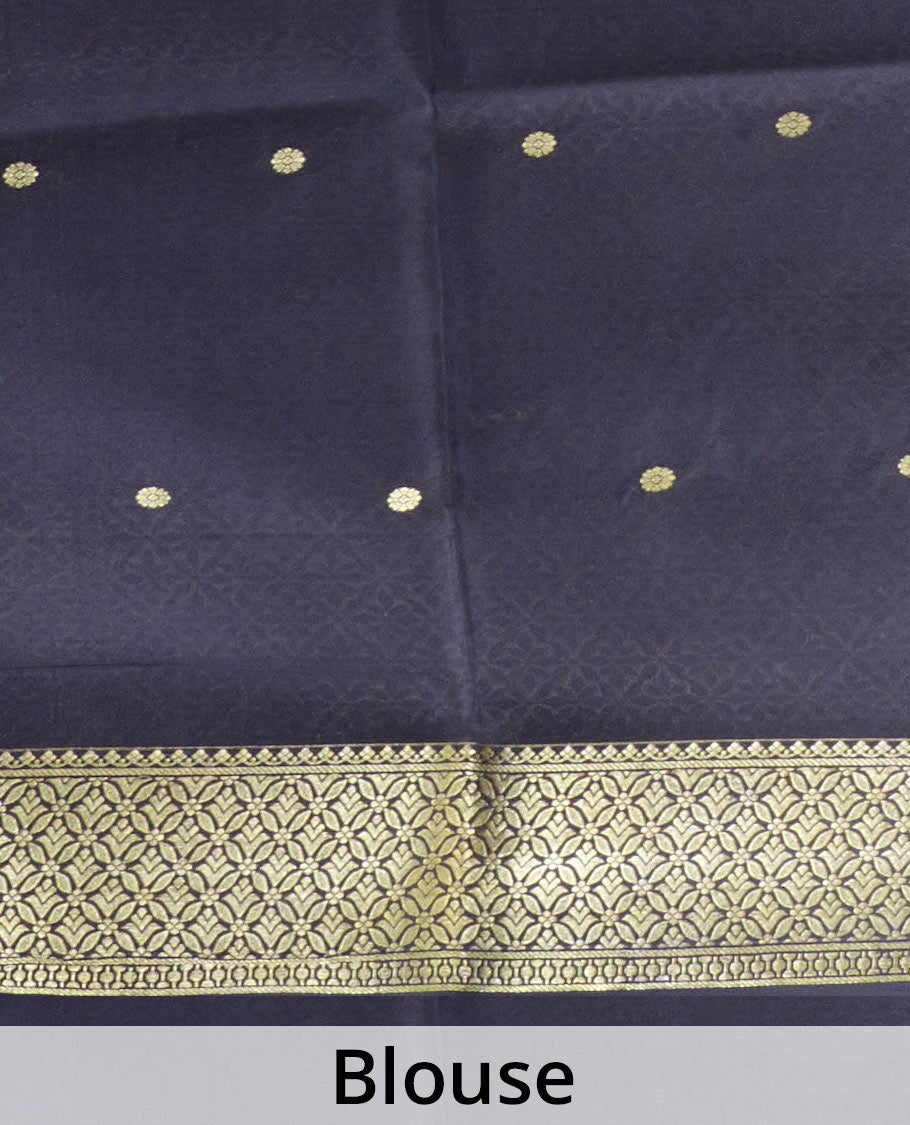 Dark orange zari buttas Mysore silk saree, contrast jaal zari border, and jaal zari-rich pallu