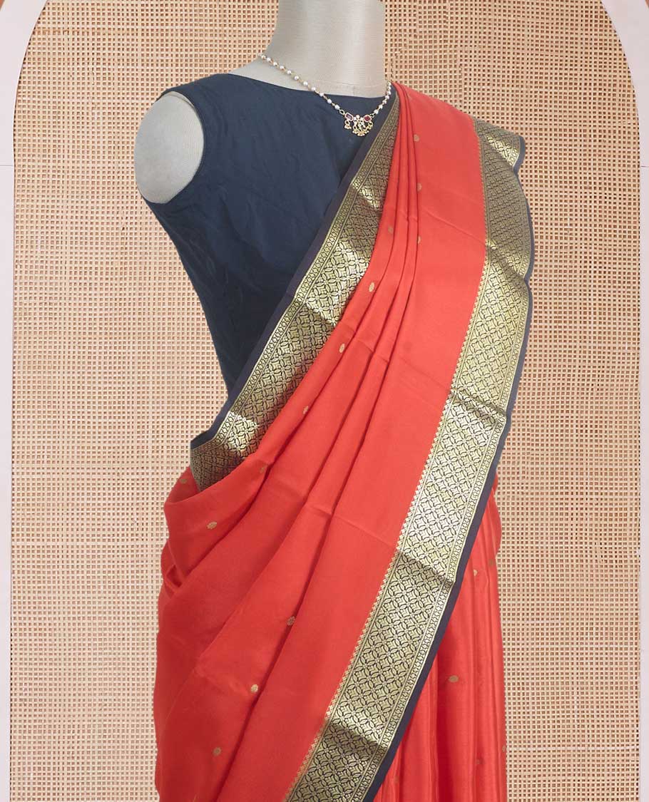 Dark orange zari buttas Mysore silk saree, contrast jaal zari border, and jaal zari-rich pallu