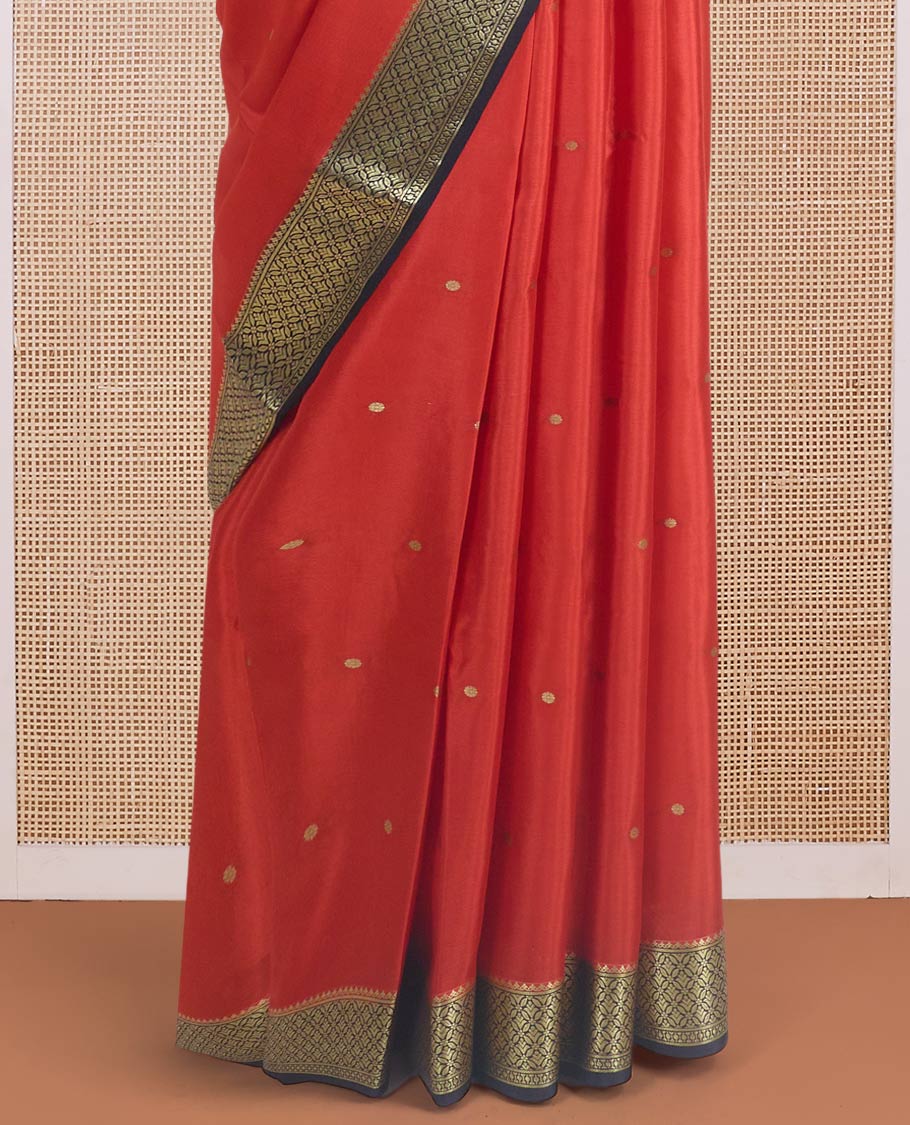 Dark orange zari buttas Mysore silk saree, contrast jaal zari border, and jaal zari-rich pallu