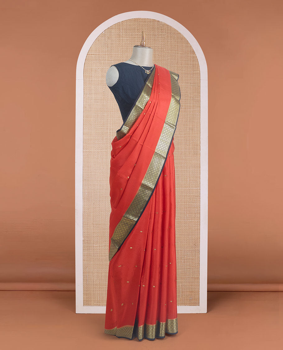 Dark orange zari buttas Mysore silk saree, contrast jaal zari border, and jaal zari-rich pallu