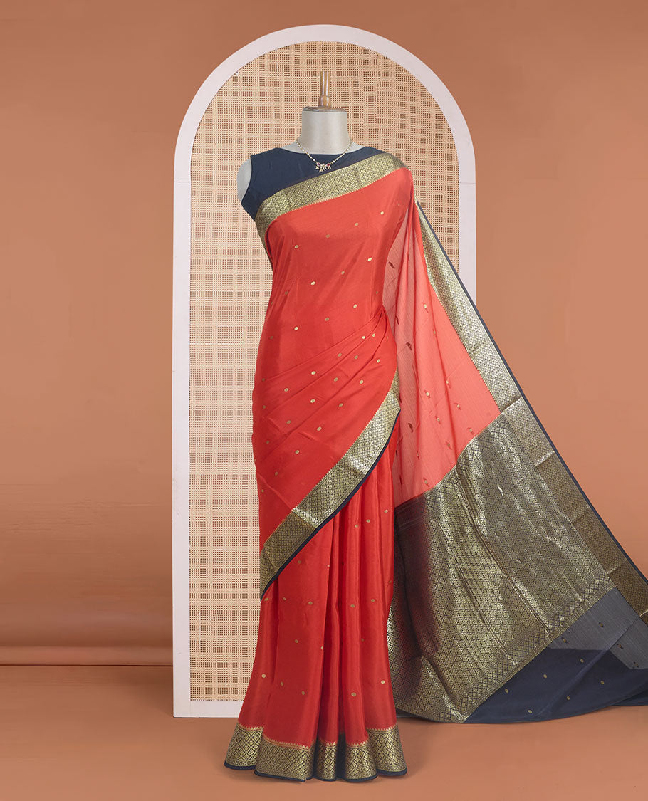 Dark orange zari buttas Mysore silk saree, contrast jaal zari border, and jaal zari-rich pallu