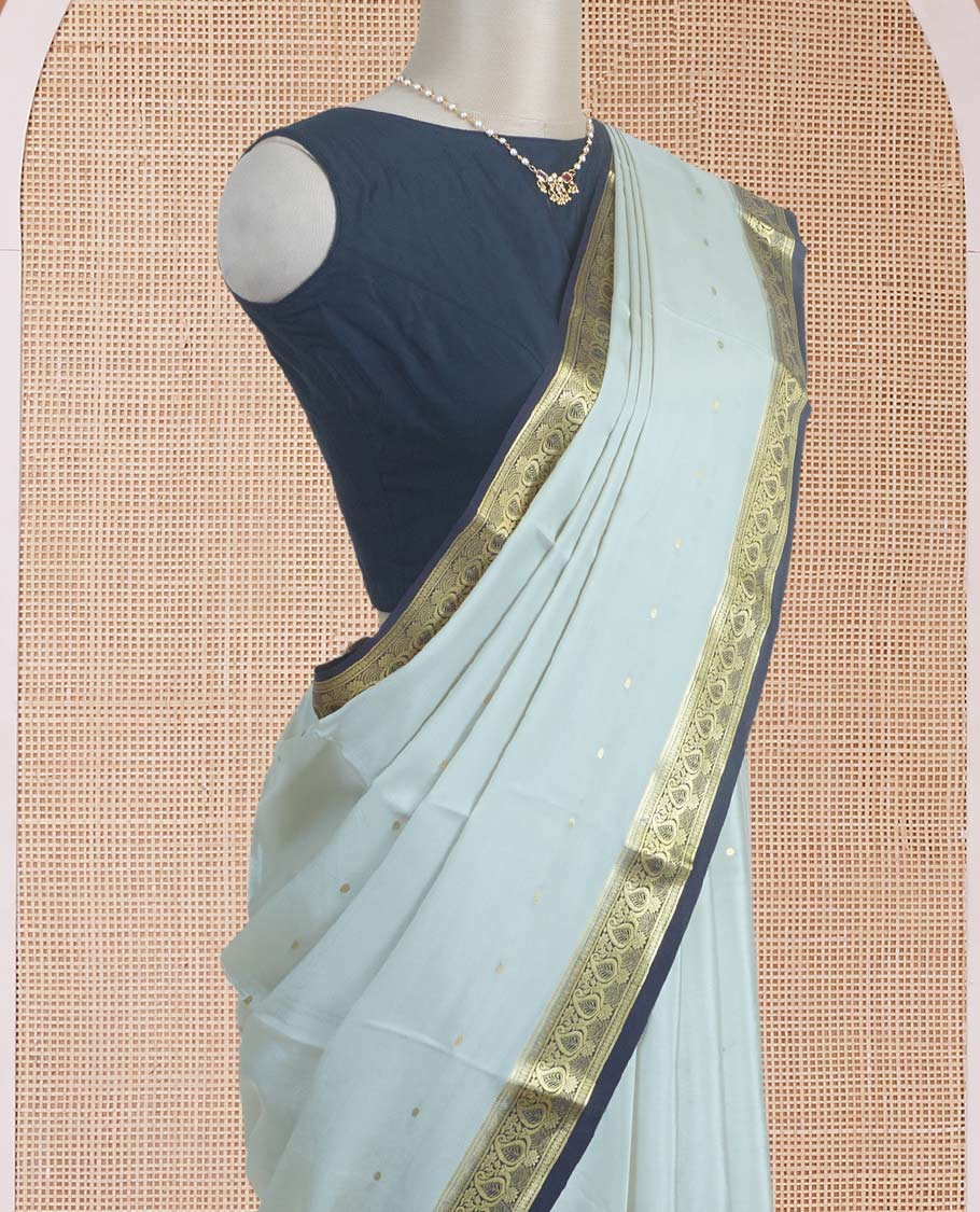 Cement grey zari buttas Mysore silk saree, contrast manga zari border, and intricate pallu