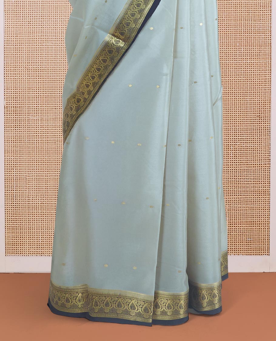 Cement grey zari buttas Mysore silk saree, contrast manga zari border, and intricate pallu