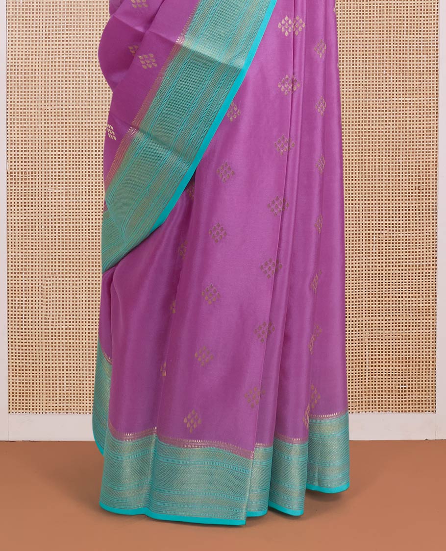 Pink diamond Zari buttas Mysore silk saree, contrast traditional zari border, and gleaming zari woven jaal pallu